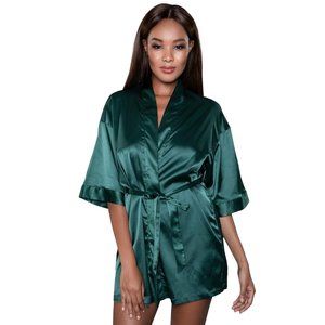 Getting Ready Short Satin Robe - Forest Green